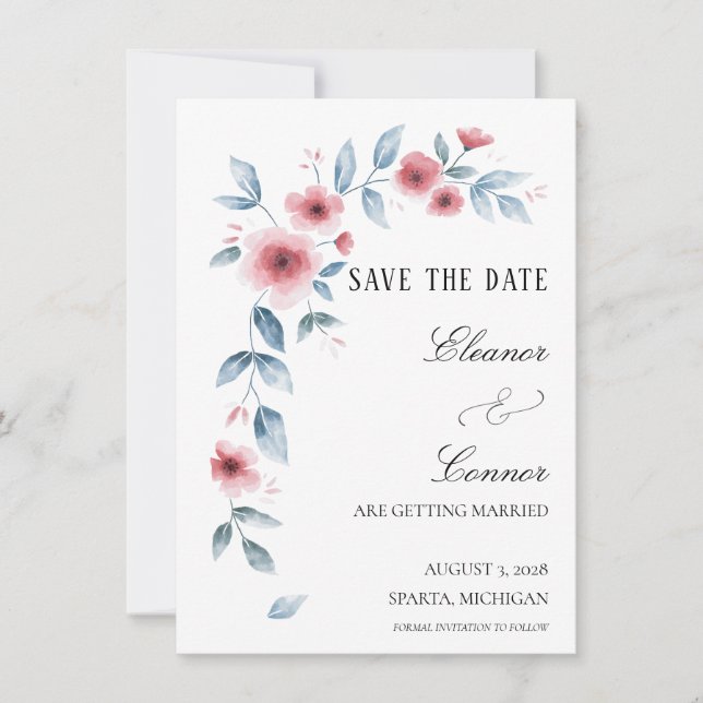 Dammrosa akvarellblomma Save the Date Spara Datumet (Framsida)