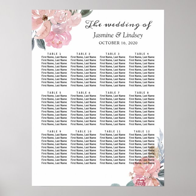 Dammrosa Blå Blommig Bröllopsställningskarta Poster (Framsidan)