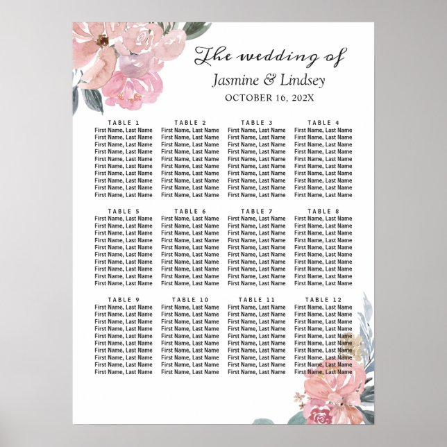 Dammrosa Blå Blommig Bröllopsställningskarta Poster (Framsidan)