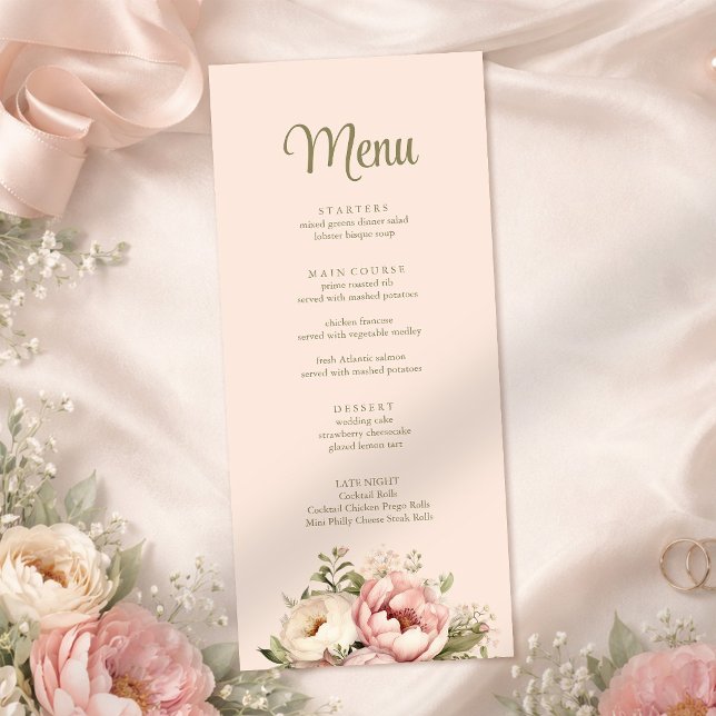 Dammrosa blommande bröllopsmeny meny (Dusty Blush Floral Wedding Menu on a soft silk with blush and pink peonies)