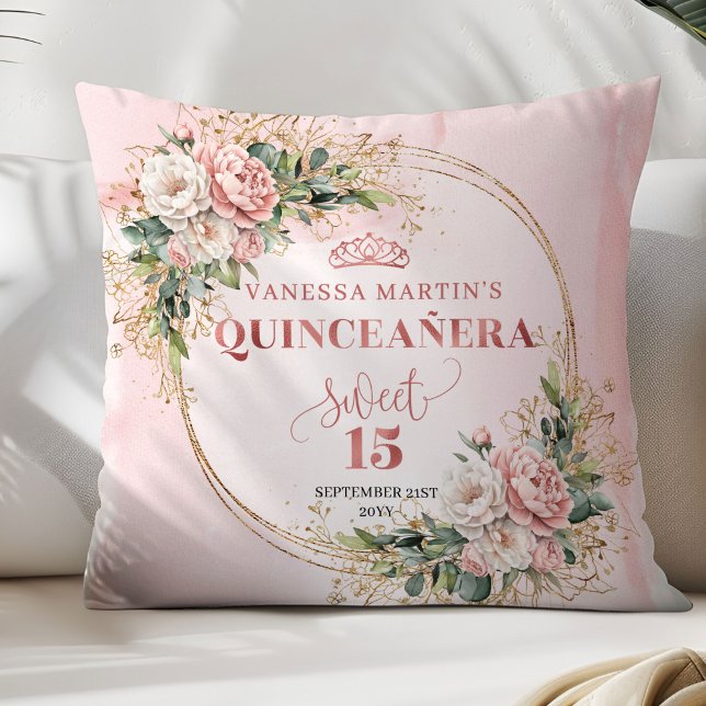 Dammrosa blommor Grönska Söt 15 Kuddpresent Kudde (Dusty Pink Flowers Greenery Sweet 15 Pillow Gift)