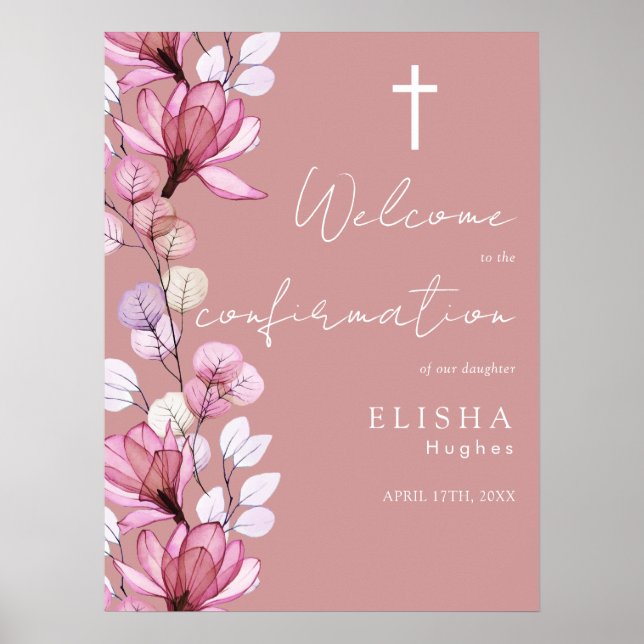 Dammrosa blomstergrafisk bekräftelse välkomstskylt poster (Framsidan)