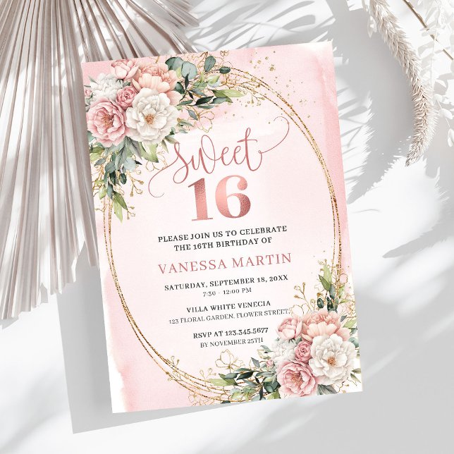 Dammrosa blomstergröna söta sexton inbjudningar (Dusty Pink Floral Greenery Sweet Sixteen Invitation)