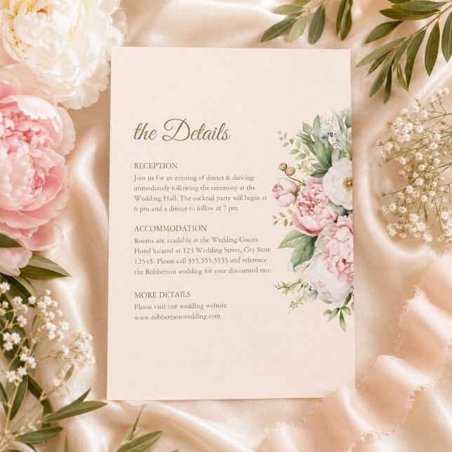 Dammrosa Bröllopsdetaljkort med Pion Inbjudningar (Dusty Blush Peony Wedding Details Card)