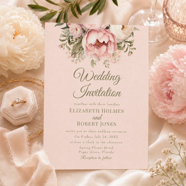 Dammrosa Bröllopsinbjudan med Peony Inbjudningar (Dusty Blush Peony Wedding Invitation)