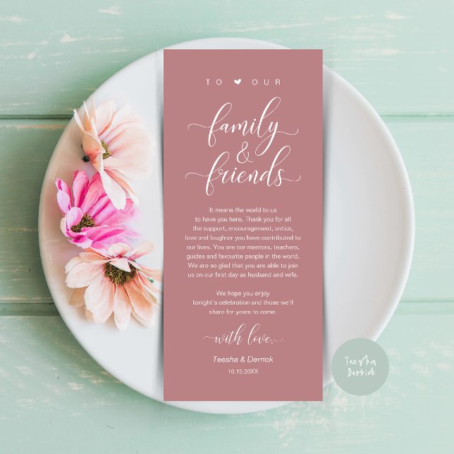 Dammrosa Bröllopsplatssättning Tacksamhetskort Program (Dusty Rose Pink Wedding Place Setting Thank You Card, Dinner Lunch Brunch Party Celebration)