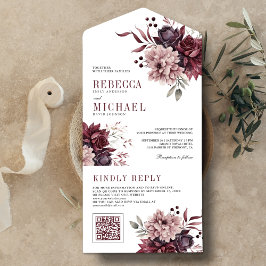 Dammrosa Burgunder Blommig QR-kod Bröllop