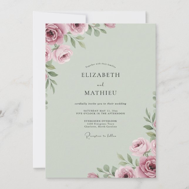 Dammrosa Celadon-Peony-Hochzeit Inbjudningar (Framsida)