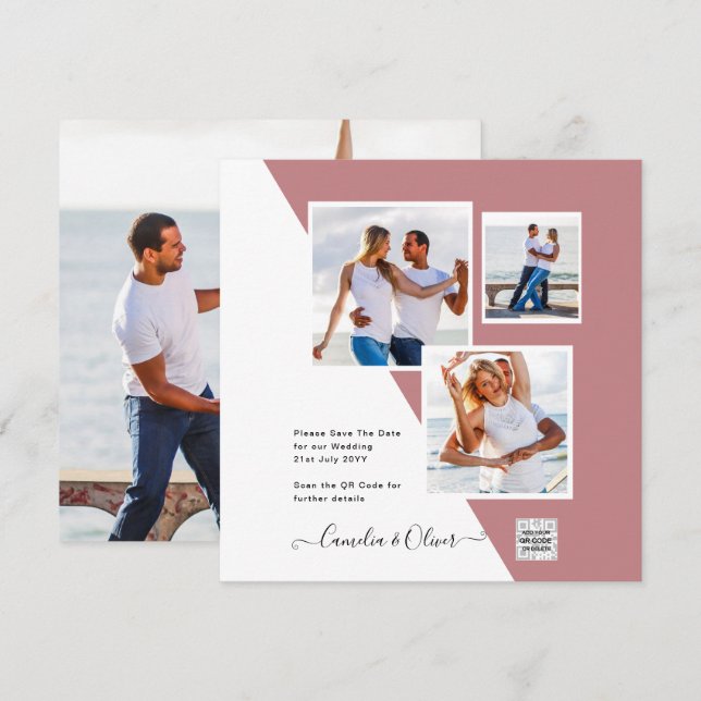 Dammrosa Foto Bröllopsinbjudan QR-kod Spara datum (Fram/baksida)