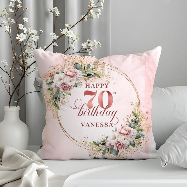 Dammrosa glittrande blomsterkudde 70-årsdag  kudde (Dusty Pink Shimmering Floral Pillow 70th Birthday Pillow)