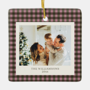 Dammrosa olivrandigt gingham familjefoto med perso julgransprydnad keramik