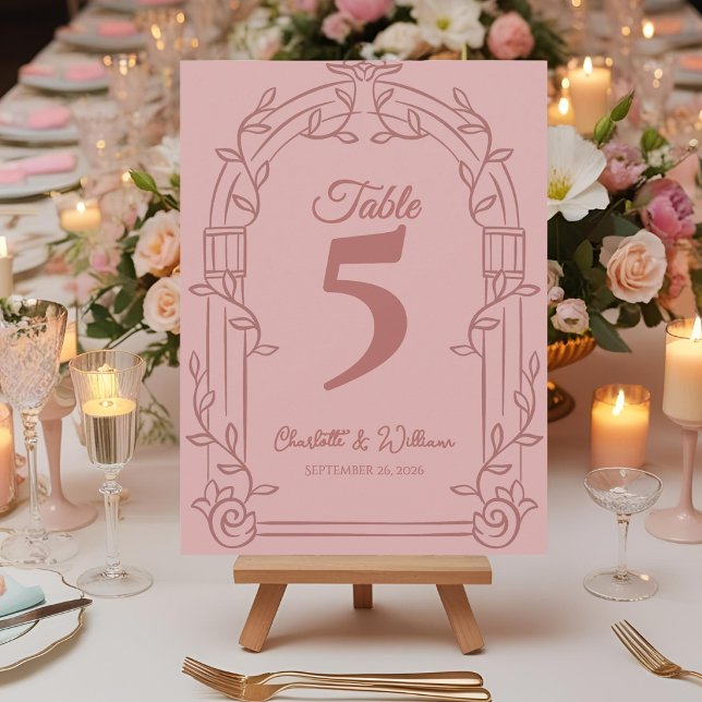 Dammrosa Omtänksamt Valvbågsformad Bröllops Bord N Tack Kort (Elegant Dusty Rose Ornate Arch Botanical Wedding Table Number Card)