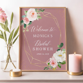 Dammrosa Rodnad Blommig Guld Bröllopsfestskylt Poster