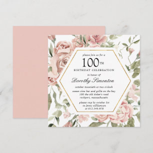 Dammrosa rosblommig 100-års födelsedagsinbjudan inbjudningar