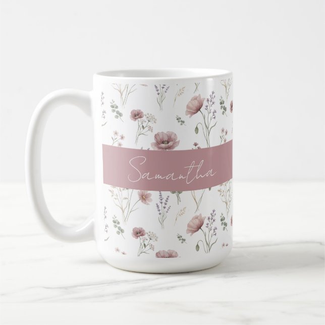 Dammrosa Salvia Grön Akvarell Vildblomma  Kaffemugg (Vänster)