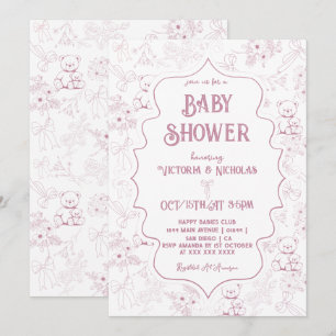 Dammrosa Toile Bow Björn Babyflicka Shower Inbjudningar