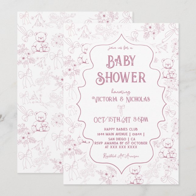 Dammrosa Toile Bow Björn Babyflicka Shower Inbjudningar (Fram/baksida)