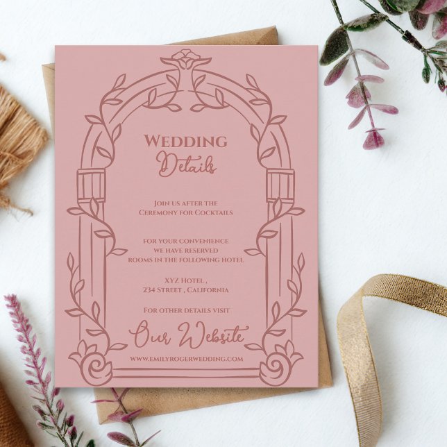 Dammrosa utsmyckad blomsterbåge Bröllopdetaljer Tilläggskort (Dusty Rose Ornate Arch Botanical Wedding Details Card | Elegant Wedding Information Enclosure)