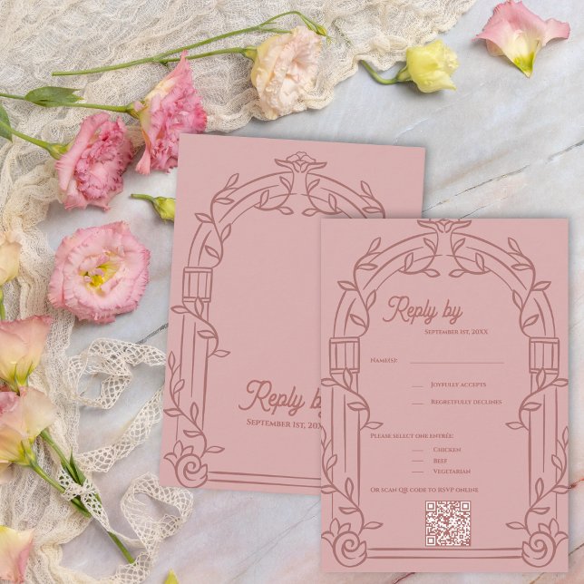 Dammrosa utsmyckad blomsterformad vigsel svar från (Dusty Rose Ornate Arch Botanical Wedding RSVP Card with QR Code | Romantic Wedding Reply Card)