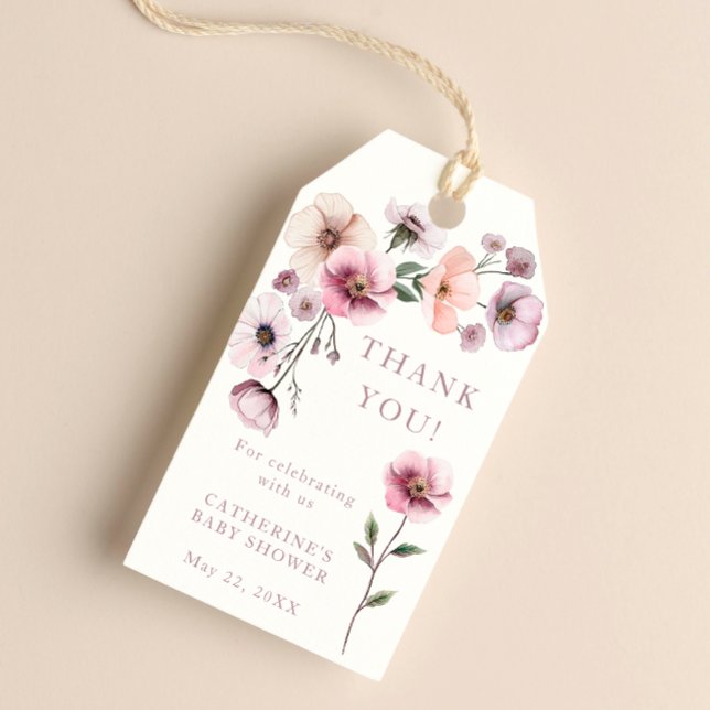 Dammrosa vildblomma Tacksamt-gåva-etiketter – Boho Presentetikett (Thank You Favor Tag)