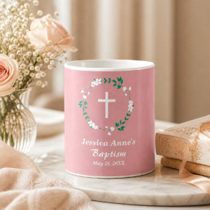 Dammrosa vit kors blomkrans dopgåva kaffemugg
