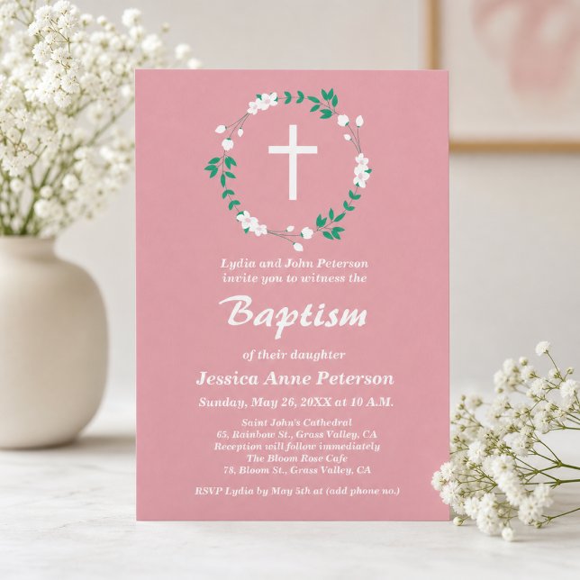 Dammrosa vit kors Blommig vapensköld Dop  Inbjudningar (Skapare uppladdad)