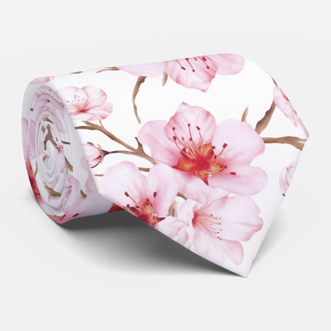 Dammrosa vita akvarell körsbärsblommor slips (Rullad)