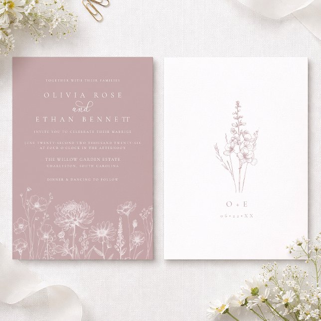 Dammrosa Wildflower Linje Konst Bröllopsinbjudan Inbjudningar (Dusty Rose Wildflower Line Art Wedding Invitation)