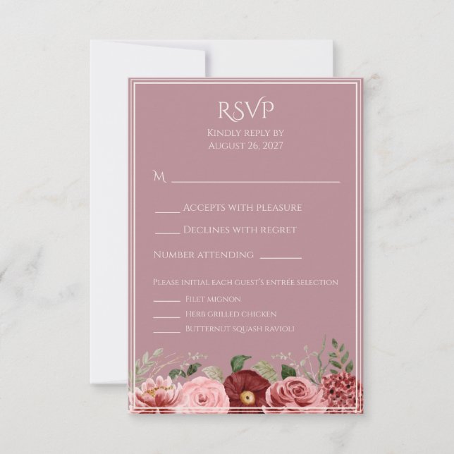 Dammrosaburgunder Blommig Bröllops-RSVP-kort  OSA Kort (Framsida)