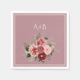 Dammrosaburgunder Blommig Bröllopsmonogram Papper Pappersservett