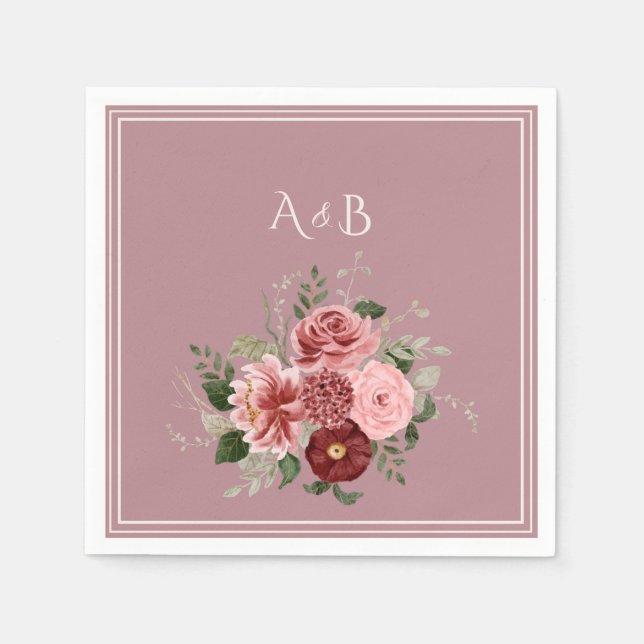 Dammrosaburgunder Blommig Bröllopsmonogram Papper Pappersservett (Framsidan)