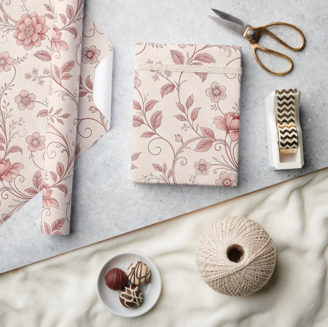 Dammrosafärgade blommor Fransk Toile presentpapper (Hantverk)