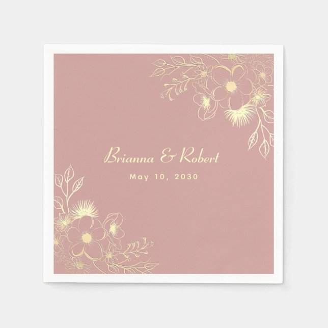 Dammroséguld Blommig Bröllop Pappersservett (Framsidan)