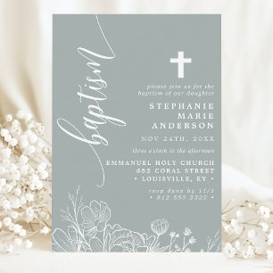 Dammsage Vit Blommig Elegant Script Dop Inbjudningar
