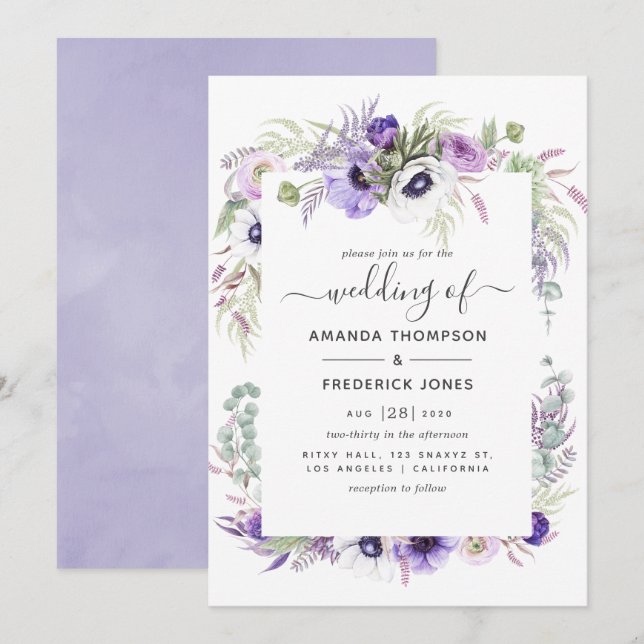 Dammsammet Violett Akvarell Blommig Bröllop Inbjudningar (Fram/baksida)