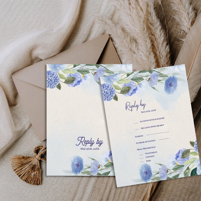 Dammsint Blått Akvarell Blommig Bröllopsvar Av OSA Kort (Dusty Blue Watercolor Floral RSVP Card | Elegant Botanical Wedding Response Card)
