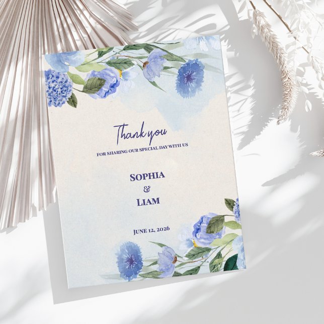 Dammsint Blått Akvarell Blommigt Bröllop Tack Kort (Dusty Blue Watercolor Floral Thank You Card | Elegant Botanical Wedding Thank You Note)