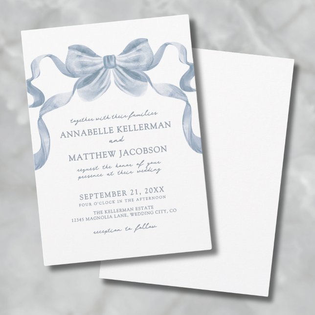 Dammskenblå slinga Whimsisk Elegant Bröllopsinbjud Inbjudningar (Dusty Blue Bow Whimsical Elegant Wedding Invitatio Invitation)
