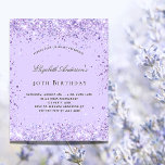 Dammskript från Birthday violers lavender glitter Inbjudan Vykort<br><div class="desc">För en elegant 40:e (eller någon ålder) födelsedagsfest. En violett, lavender färgad bakgrund. Dekorerad med violett faux glitter. Anpassa och lägg till information om namn och party. Namn är skrivet med ett handskript i stil. Tips! Om du inte vill att det ska se ut som ett vykort klickar du på...</div>