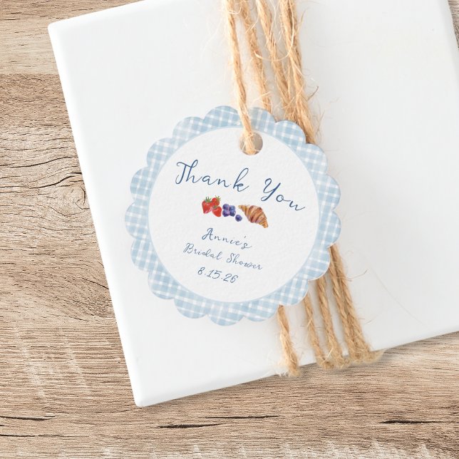 Dammskt blå Gingham Brunch Bröllopsfest Tack Gåvor Etiketter (Skapare uppladdad)