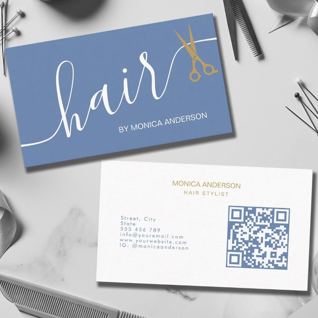 Dammskt blåa guld hår Script Sax QR-kod Visitkort (Dusty Blue Gold Hair Script Scissors QR Code Business Card)