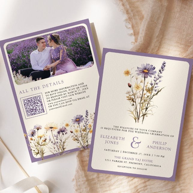 Dammsky Purpur Boho Vildblomma Foto QR-kod Bröllop Inbjudningar (Skapare uppladdad)