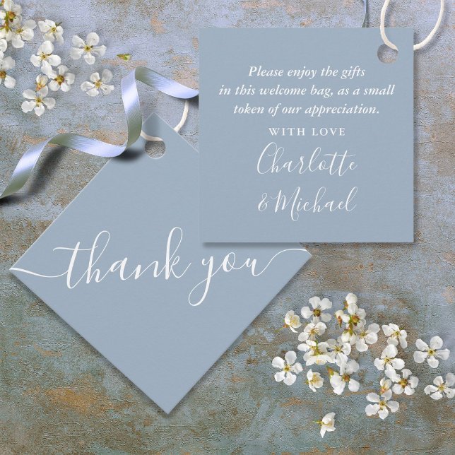 Dammsnott Blå Tacksamt Bröllopsgåva Korgpåse Gåvor Etiketter (Dusty Blue Thank You Wedding Gift Basket Bag Favor Tags)