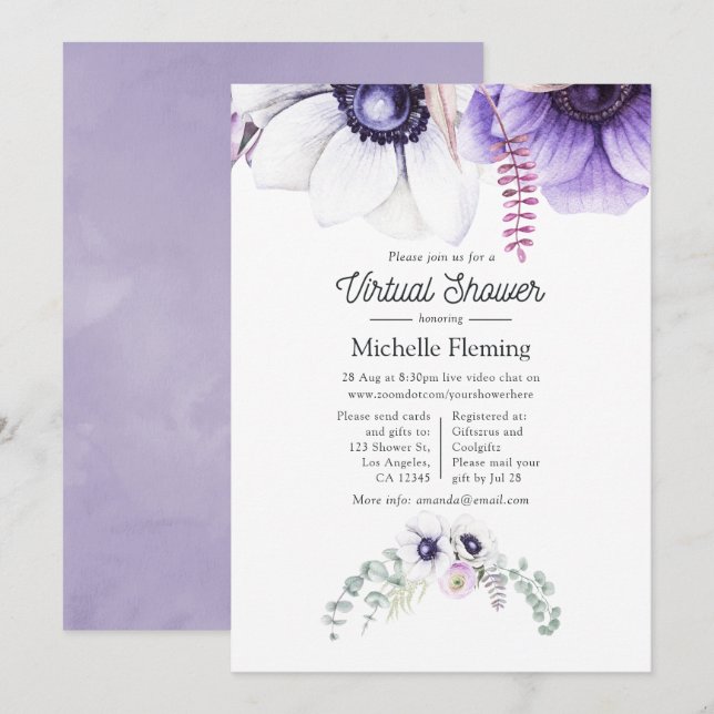 Dammsnott Violett Akvarell Blommig Virtuell Bebis  Inbjudningar (Fram/baksida)
