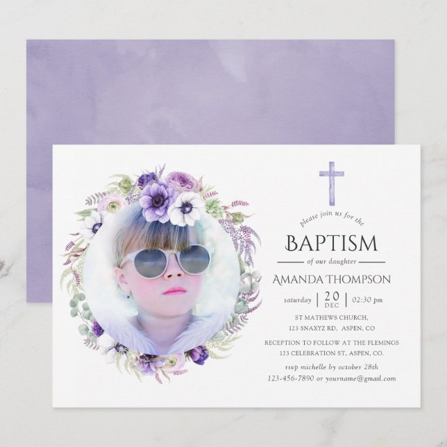 Dammsnott Violett Blomsterdop Inbjudningar (Fram/baksida)