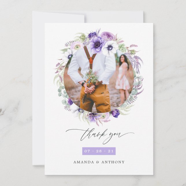 Dammsnott Violett Pastell Blommig Bröllopsfotocoll Tack Kort (Framsida)