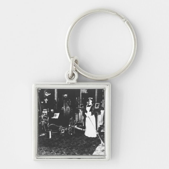 Dammsugare på arbete fyrkantig silverfärgad nyckelring (Framsidan)