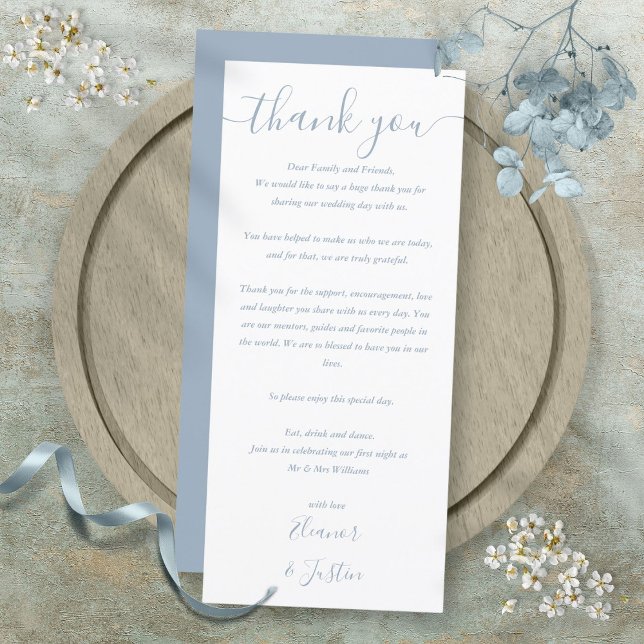 Dammsvart Blå Bröllopsfest Tack Placeringskort Meny (Dusty Blue Wedding Reception Thank You Place Card)