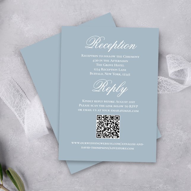 Dammsvart Blå Bröllopssvar Mottagning Tilläggskort (Elegant dusty blue reception and RSVP card.)