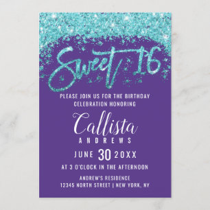 Dammsvett av vit Lila av Aqua Blue Glitter 16 Inbjudningar